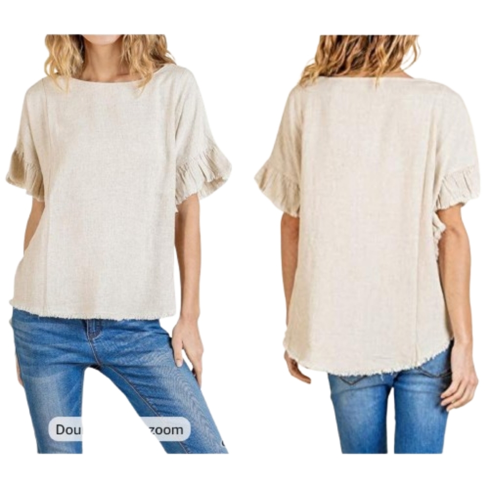 Umgee Cream Ruffle Sleeve Frayed Trim Blouse Linen Blend Boatneck Solid